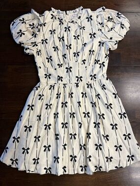 Francesca’s Cream Black Bow Print Puff Sleeve Mini Dress Size S Coquette